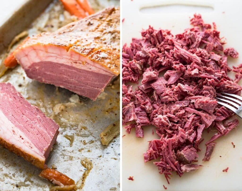 shred the corned beef, discard the fat. 