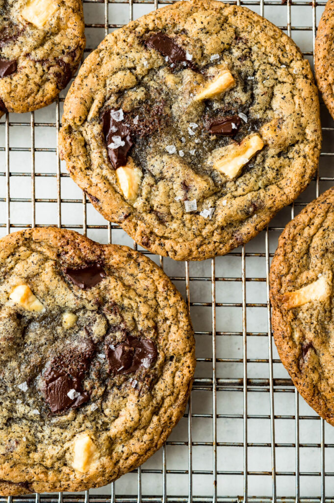 a close up shot of buckwheat chocolate chunk cookies.