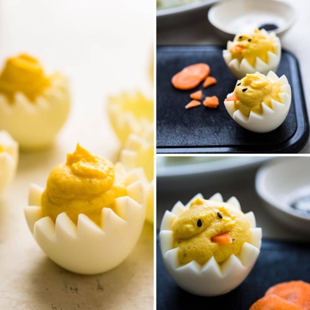 Filling and decorating the deviled eggs with eyes and beaks.