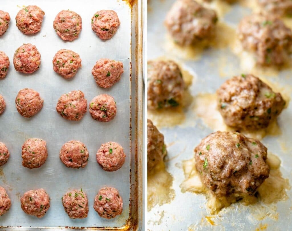 the baked italian meatballs on a sheet pan (before and after photo).