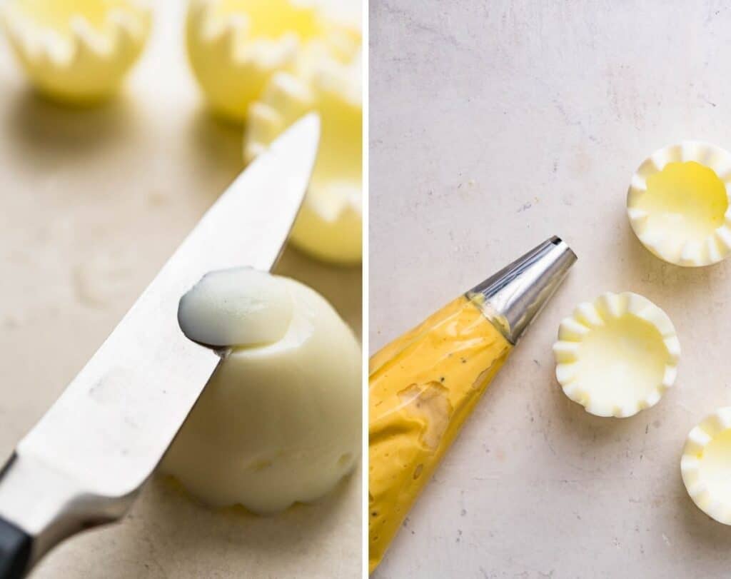 Trimming and filling the "chick shells" with deviled egg yolks.