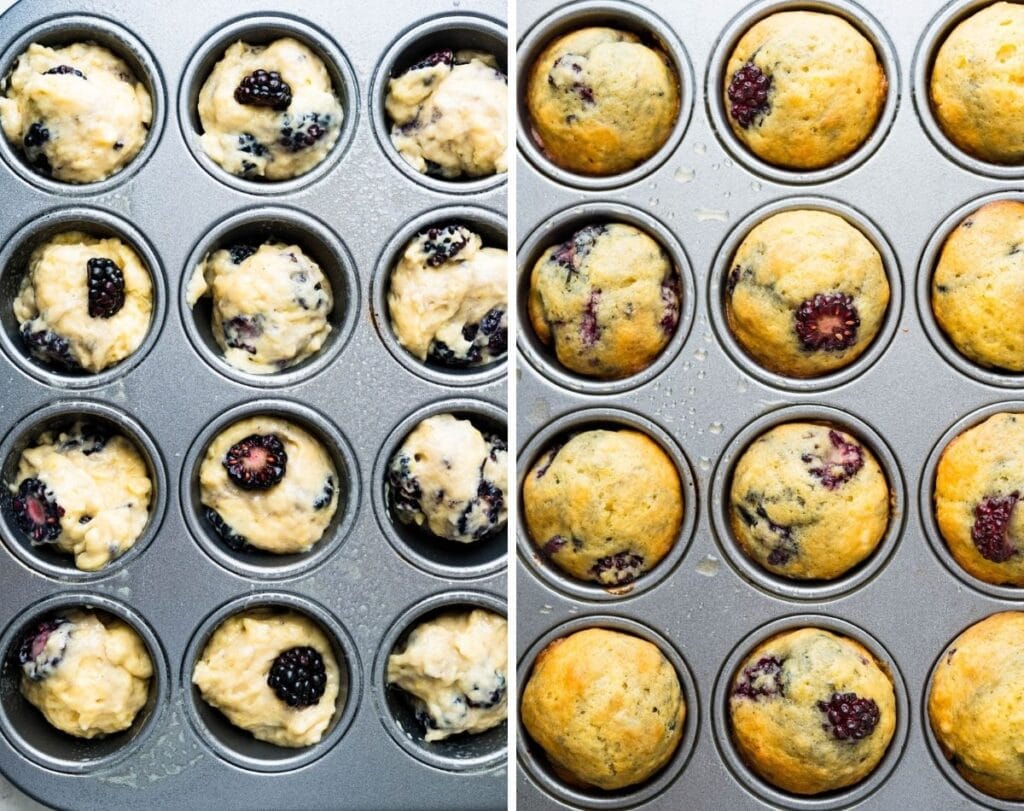 baking the blackberry muffins until golden.
