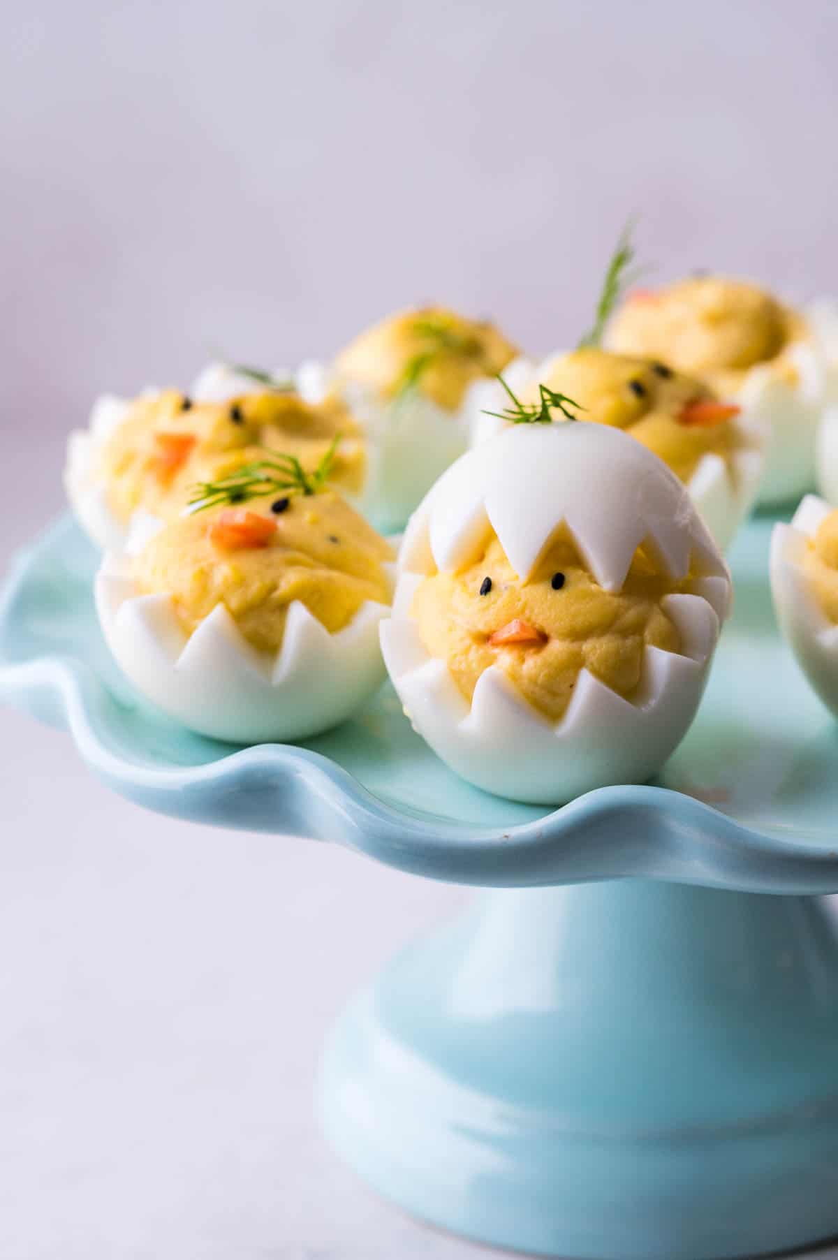 deviled egg chicks on a platter.