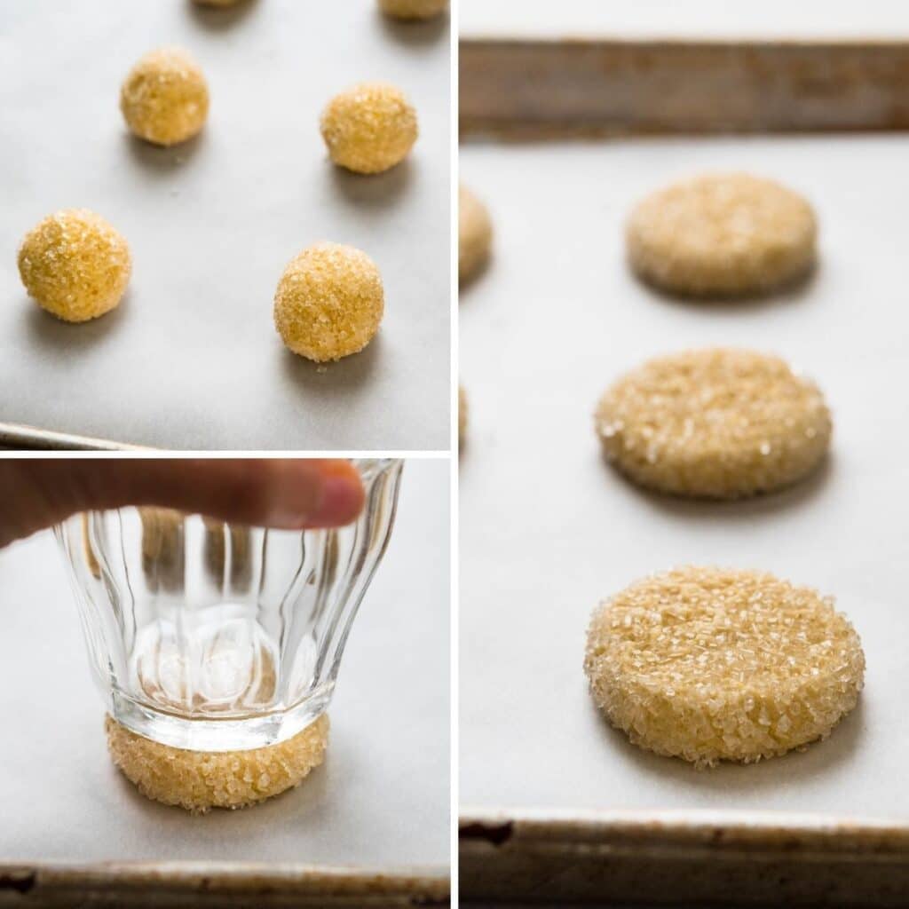 Placing sprinkle cookies on a prepared baking sheet and flattening with the bottom of a glass.