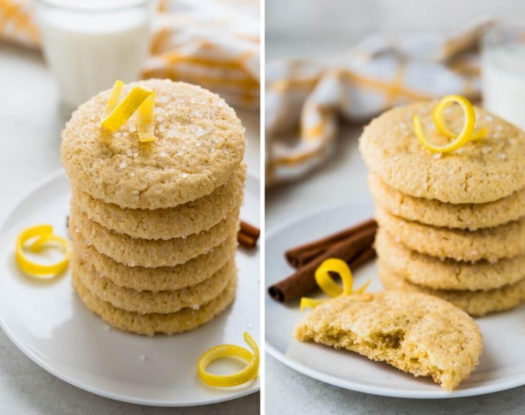 a stack of chewy sugar cookies on a plate, with sparkling sugar and lemon zest.