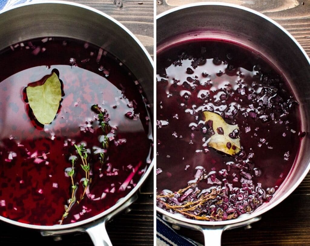 Making the red wine reduction with shallots, fresh thyme and bay leaves.