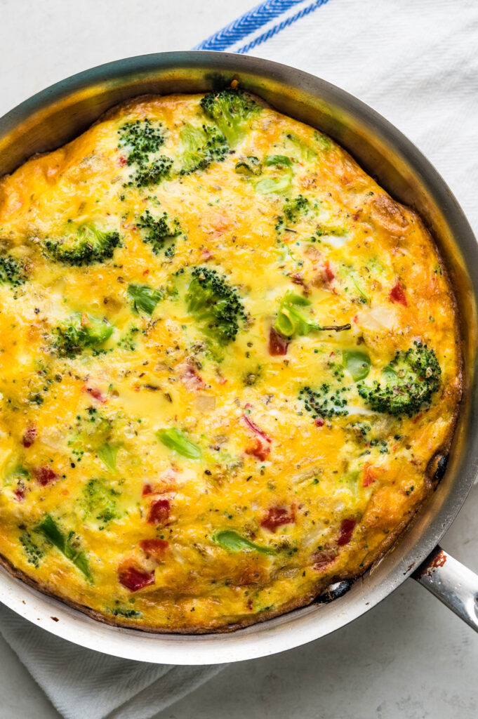 The baked broccoli frittata, puffy and hot from the oven.
