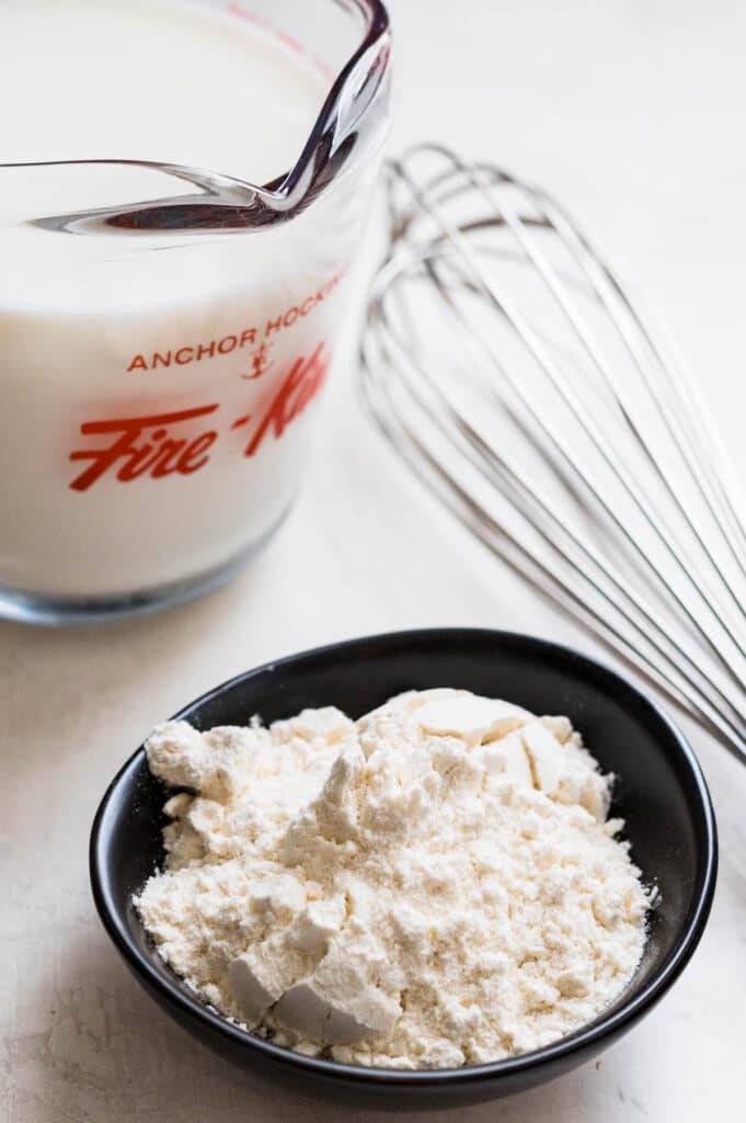 butter and flour make the pudgy thickener that stabilizes the whipped frosting recipe.