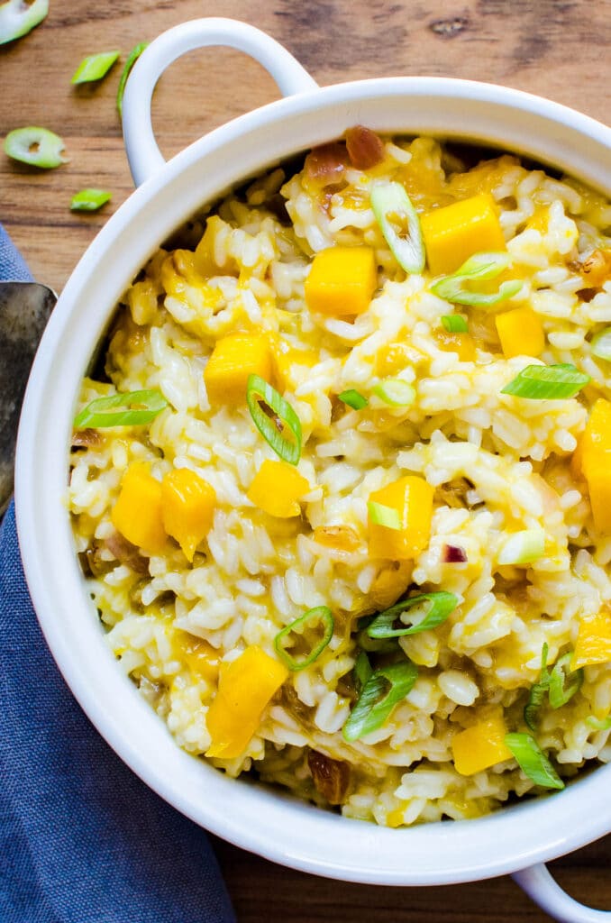 a dish of coconut mango rice for a side dish.