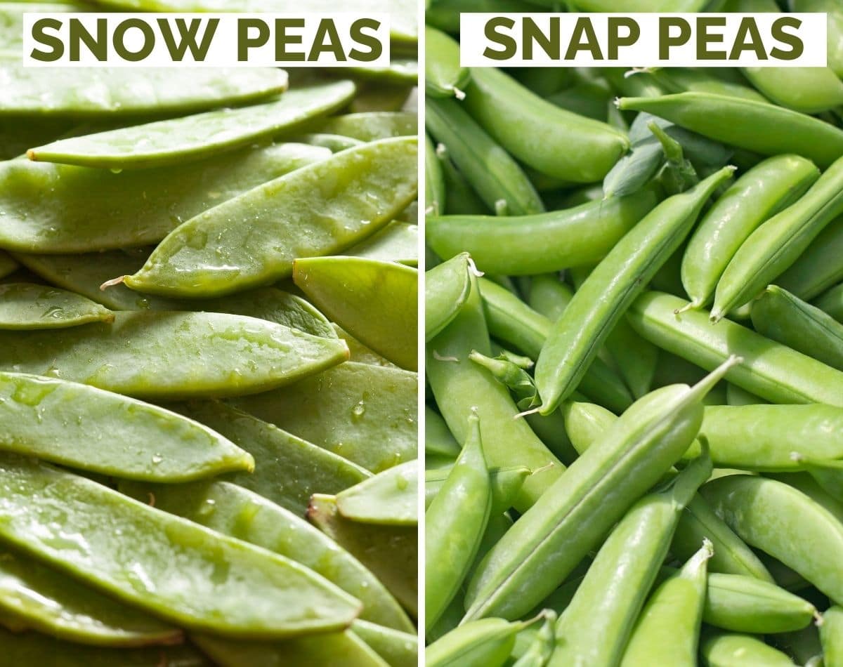side by side comparison of snow peas and sugar snap peas.