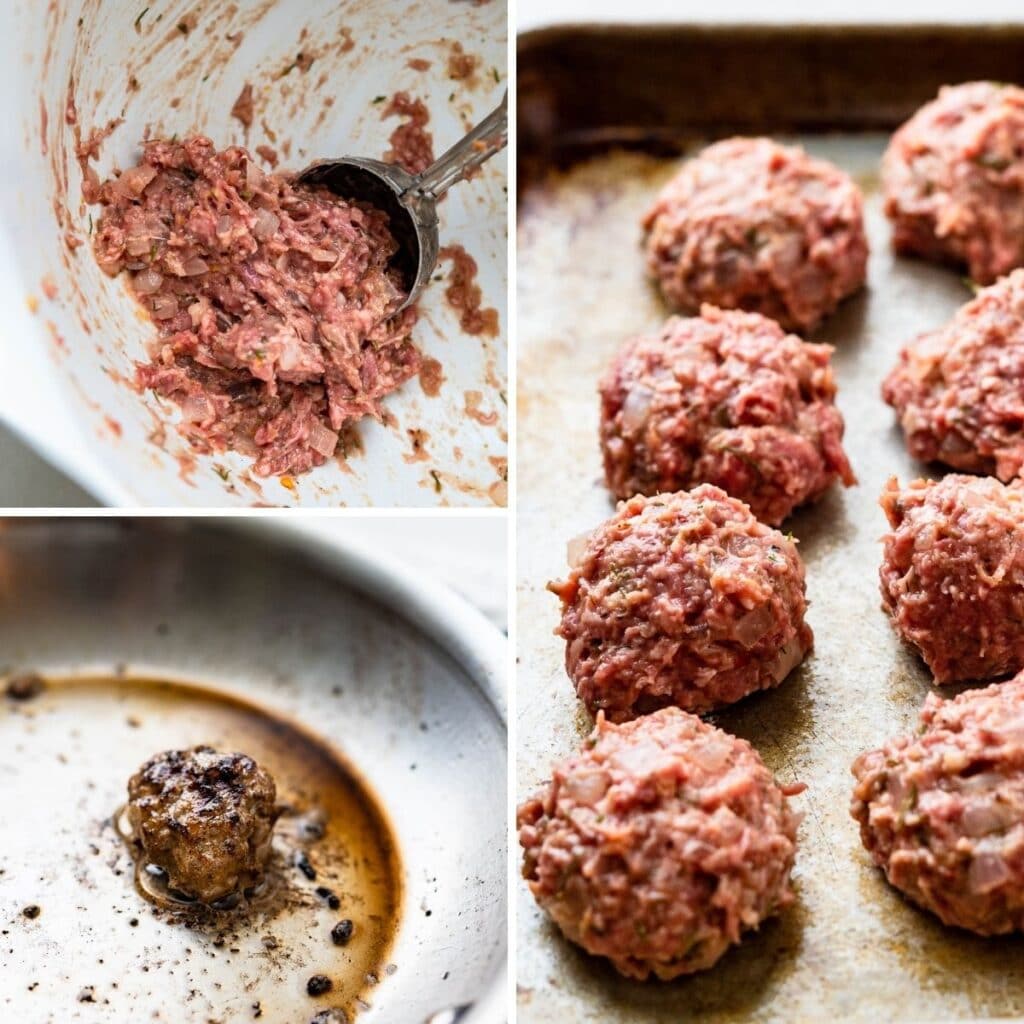 scooping lamb meatballs and frying a small bit to taste before cooking the whole batch.