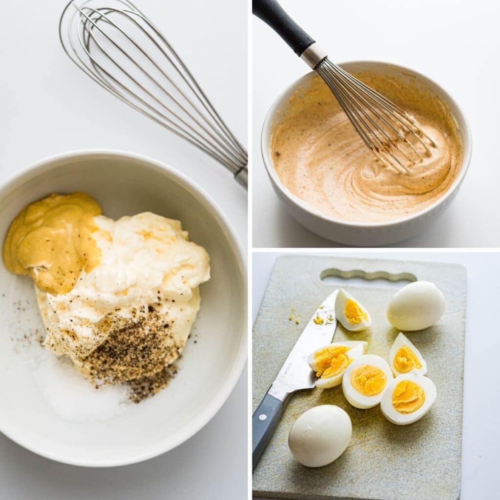 making the potato salad dressing and chopping the eggs.