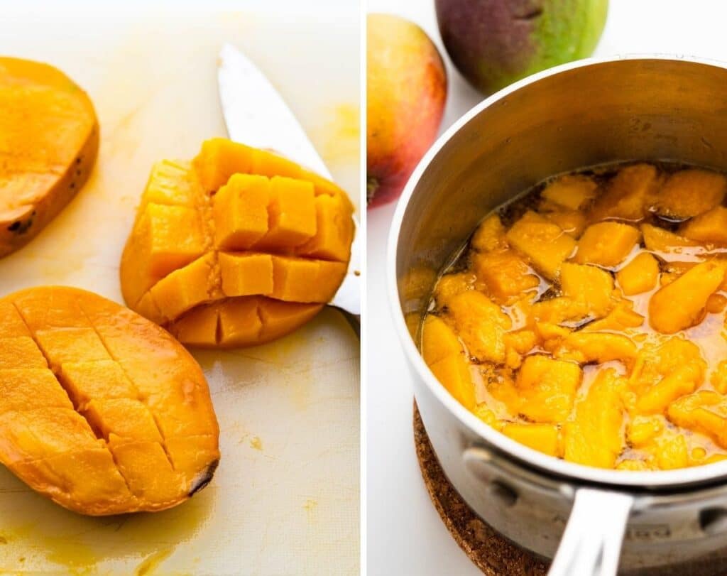 Adding chopped mangoes to the simple syrup.