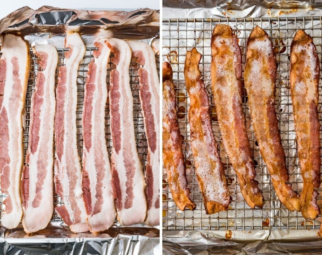 crisping bacon on a pan.