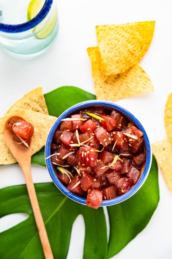 serving the ahi tuna poke with crunchy tortilla chips.