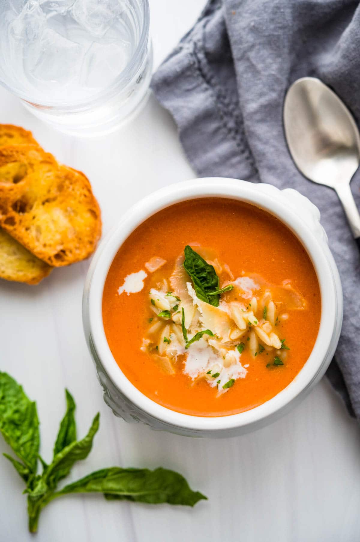 cream of tomato soup with orzo and fresh basil.