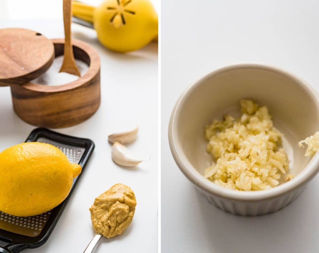 mincing garlic for the lemon vinaigrette recipe.