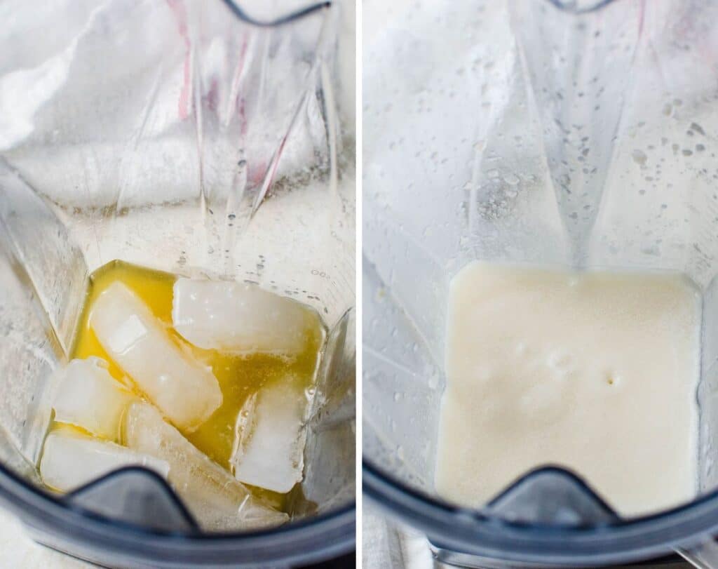 adding ice to the cream of coconut, rum and pineapple juice and blending to a frozen creamy pina colada.