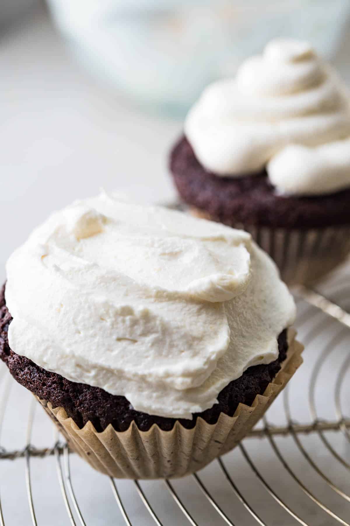 whipped icing on a chocolate cupcake.