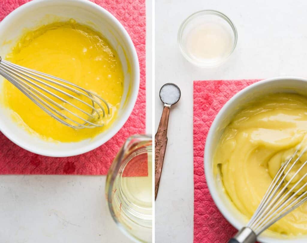 steps of adding oil to the egg yolk, garlic and dijon mustard. As the oil is whisked in, it gets thicker and creamy.