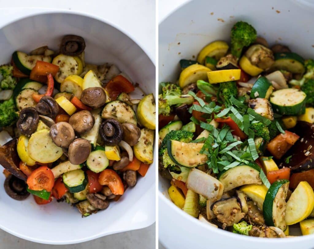 assembling the mixed sautéed vegetables in a mixing bowl.