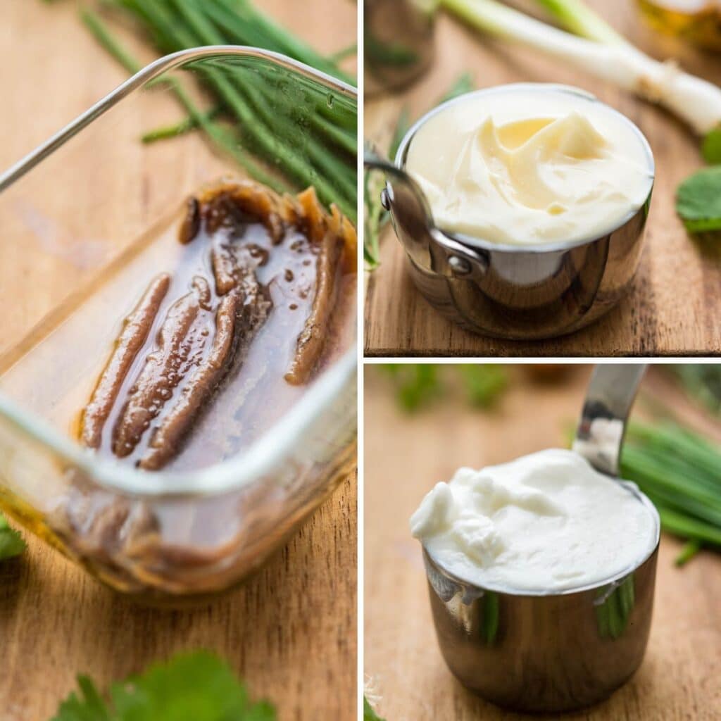 anchovies, mayonnaise and Greek yogurt for the recipe.