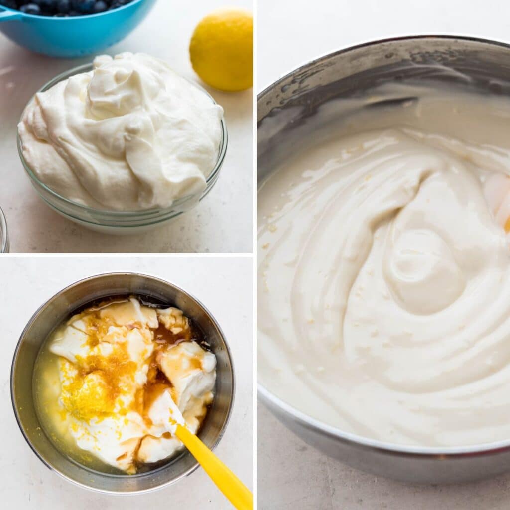 steps for making the Greek yogurt swirls for the blueberry popsicles.