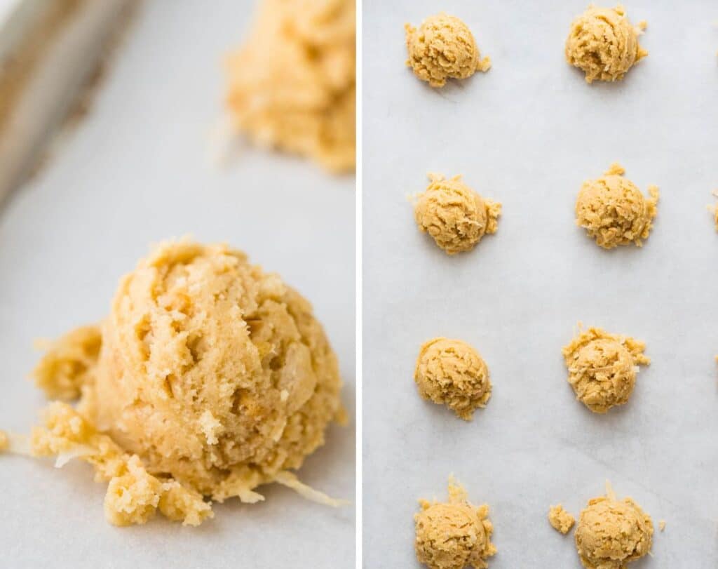 scooping out rounds of rice krispie cookie dough onto the baking sheet.
