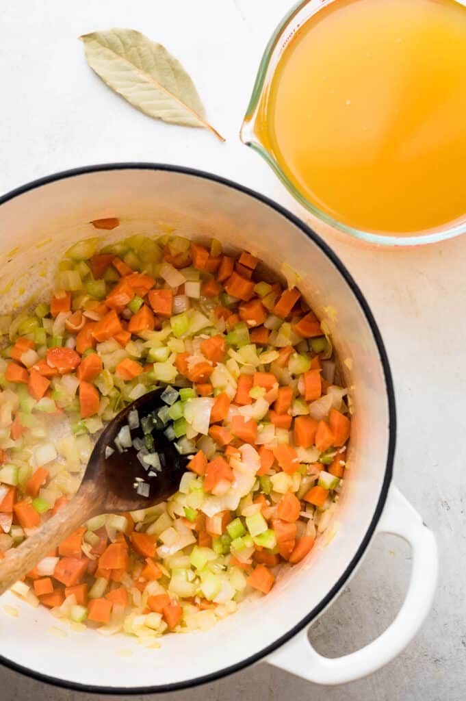 saute the mirepoix in a dutch oven or soup pot.