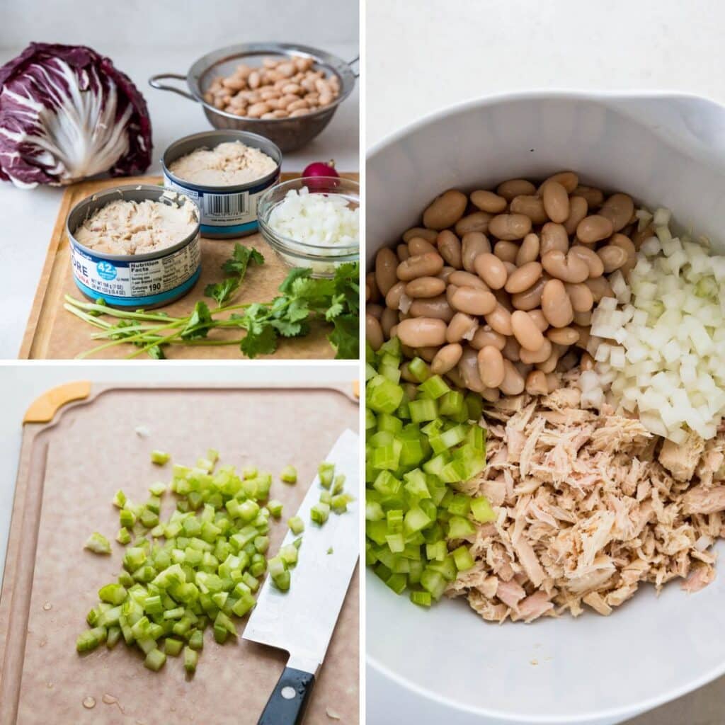 assembling the tuna white bean salad.
