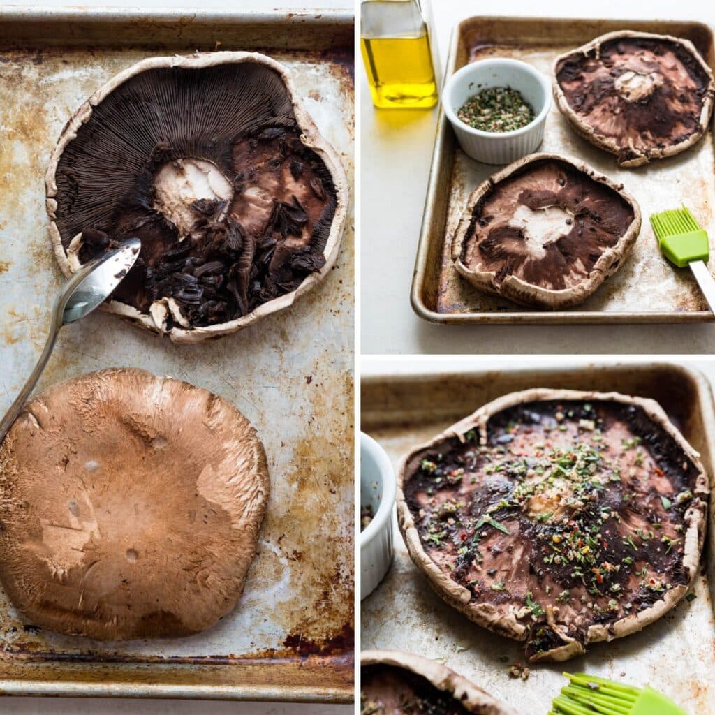 Prepping the portobello mushrooms by removing the gills and seasoning with the garlic herb rub.