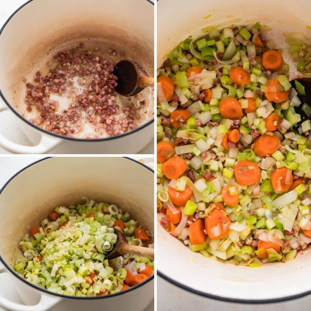 saute the pancetta with a mirepoix of vegetables. 