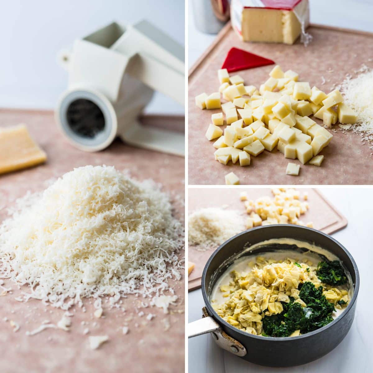 grating and dicing the parmesan and fontina cheeses to mix with the baked spinach artichoke dip mixture.