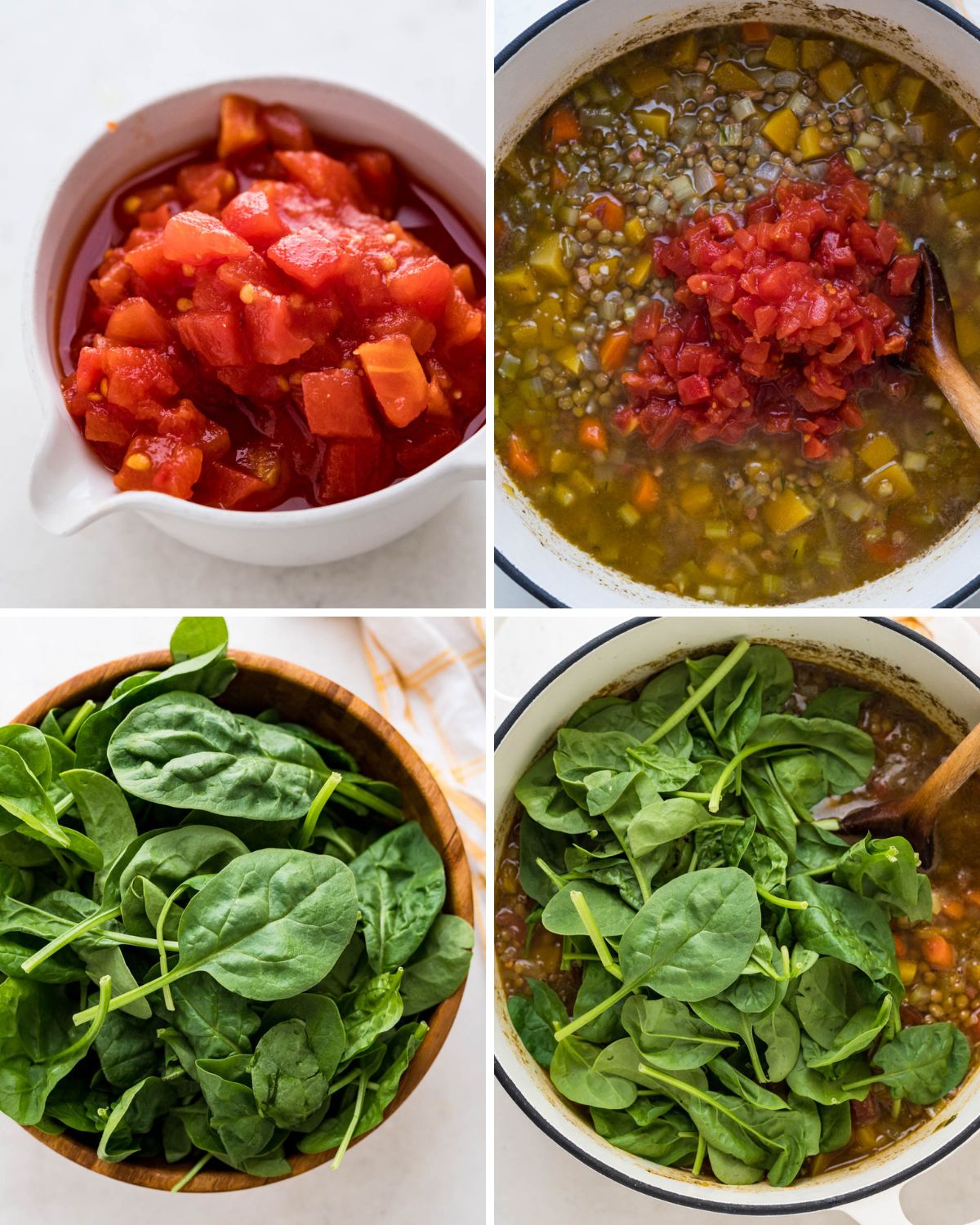 after the soup has simmered, add chopped tomatoes. Then add fresh spinach.