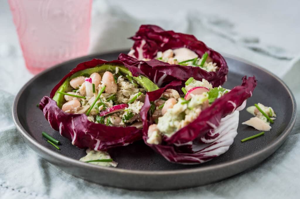 A serving of tuna lettuce wraps in radicchio leaves.