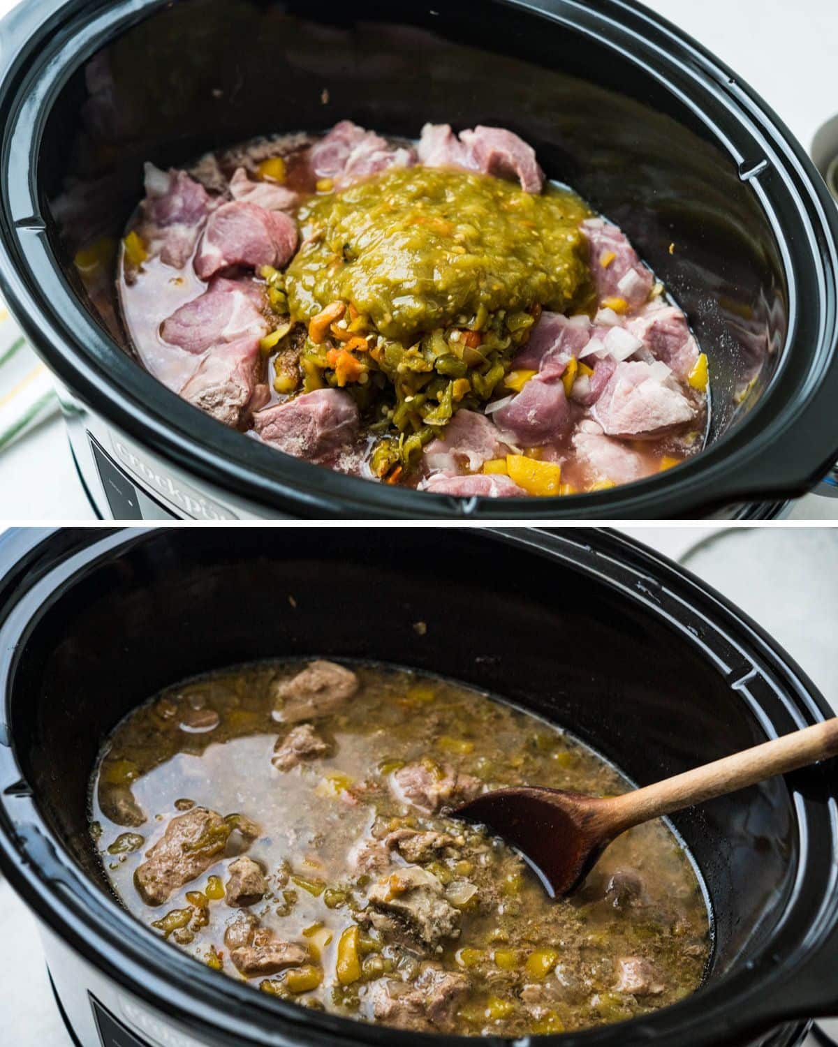 the pulled pork with hatch chiles and salsa before and after braising in the crock pot.