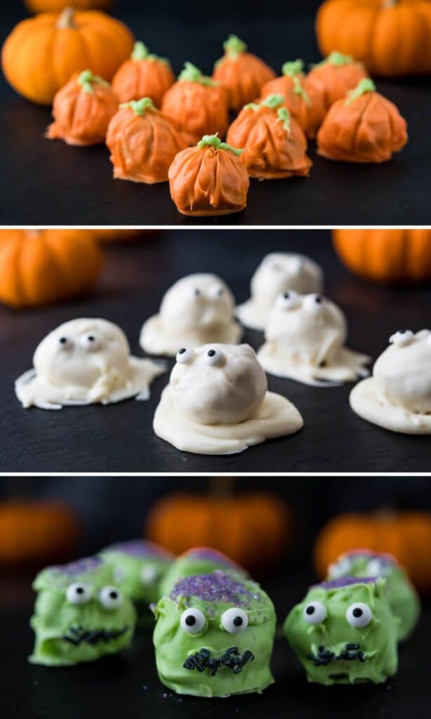 a collage of different ways to decorate the rice krispie peanut butter balls for Halloween.