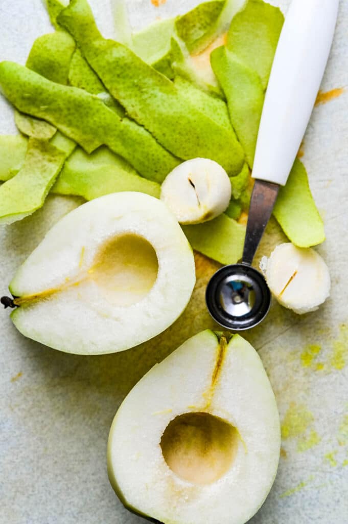 peel and remove seeds from the pears.