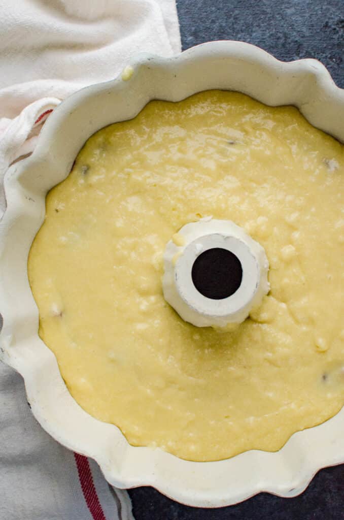 a bundt pan filled with the cake batter.