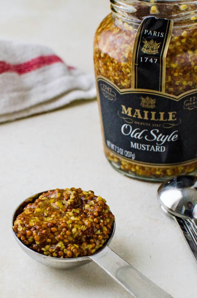 use whole grain french mustard to season the glazed brussels sprouts.