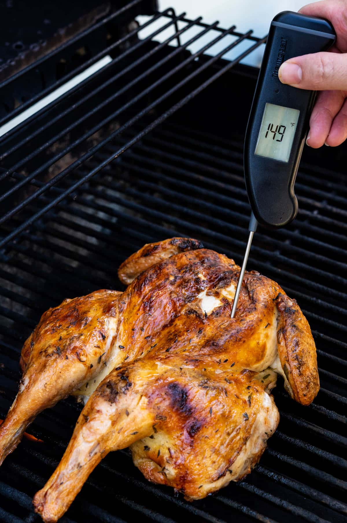 I am taking the internal temperature of the meat with an instant-read thermometer.