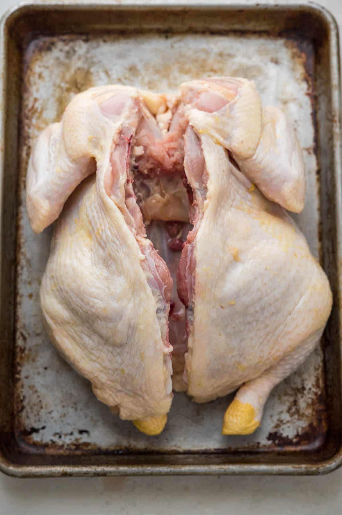 The chicken lays with the breast side down on a sheet pan with the backbone cut out.