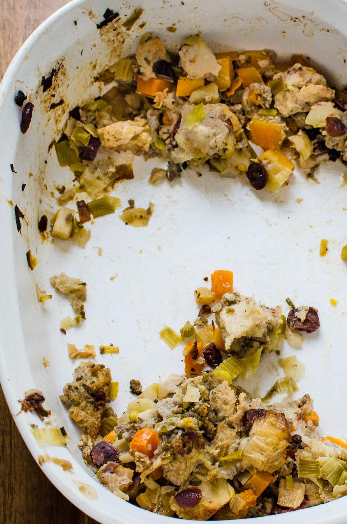 leftover stuffing in a casserole dish.