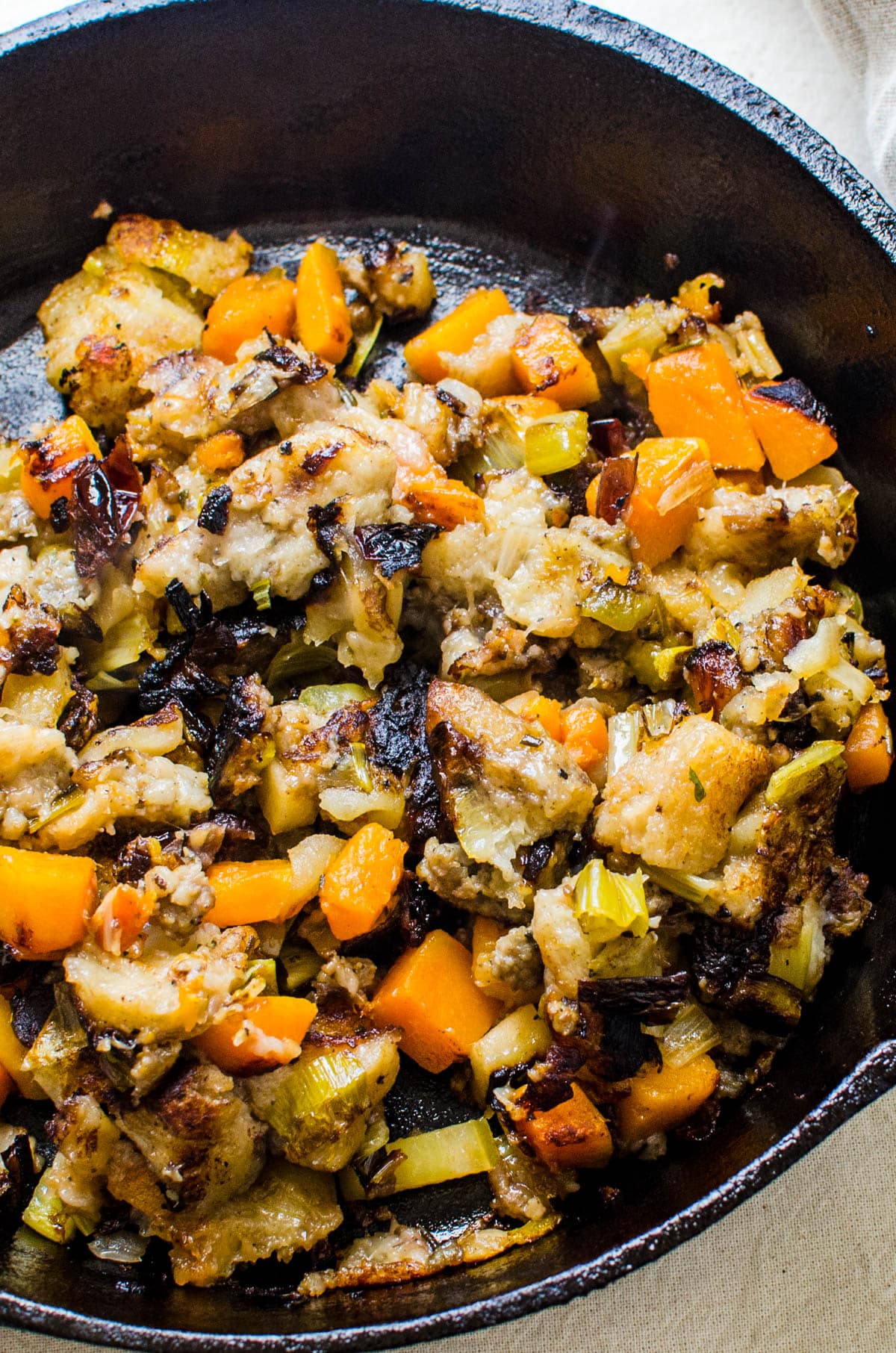cooking the stuffing in a hot cast iron skillet until it's crusty.