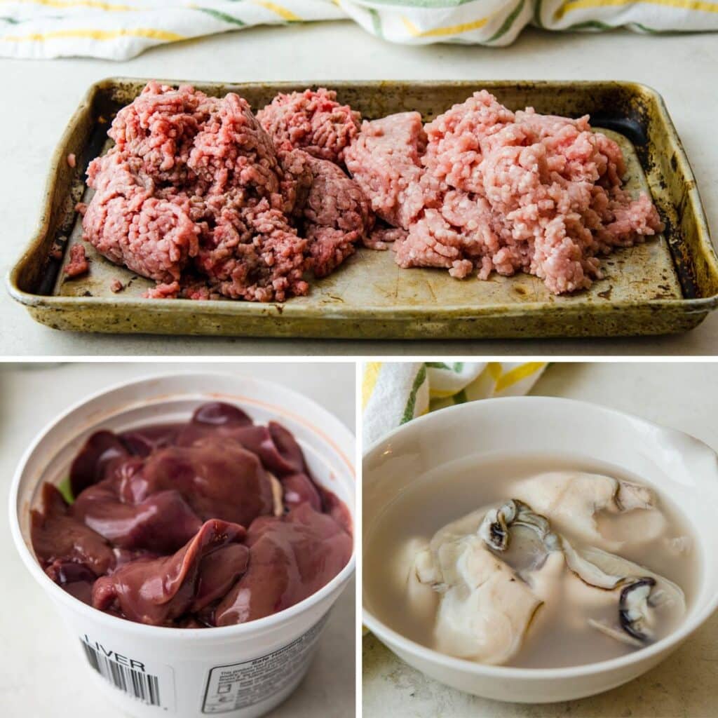 the main meat ingredients for this rice dressing recipe: ground pork, beef, chicken livers and oysters.
