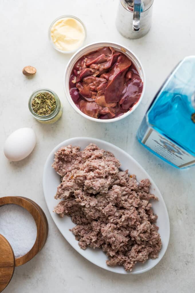 Ingredients for making French Pate with country sausage and chicken livers.