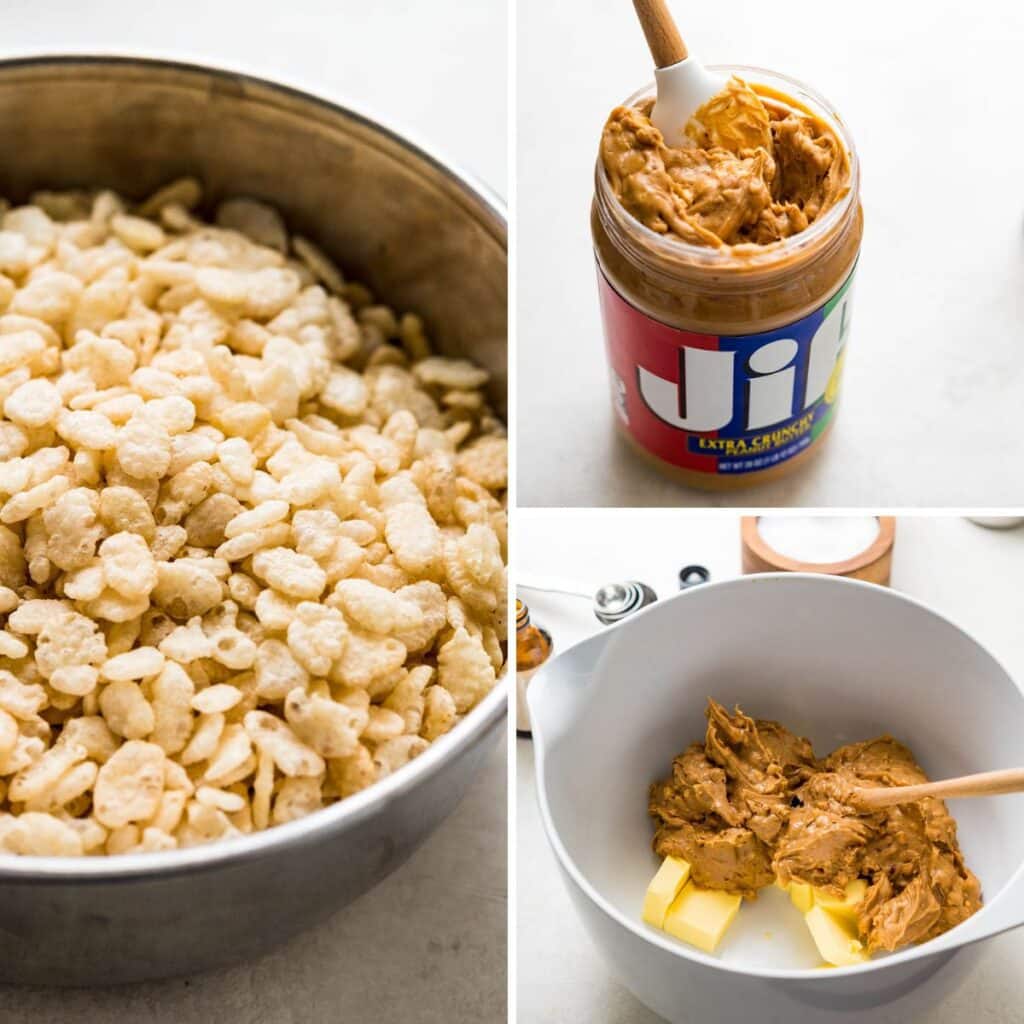Rice Krispies in a bowl with a jar of peanut butter.