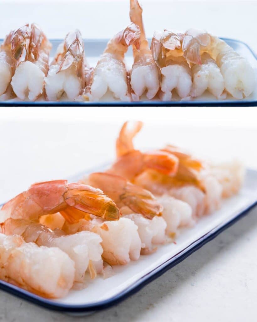 The peeled and deveined shrimp after splitting so they sit upright on a platter. 