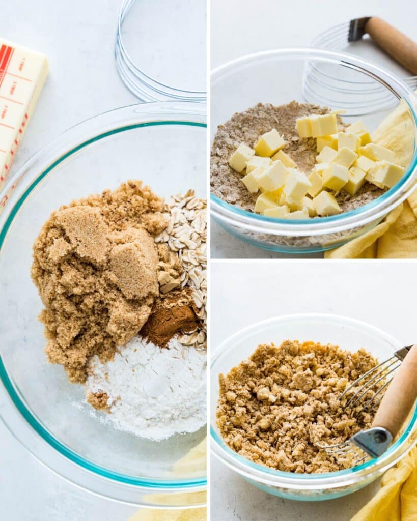Step-by-step photos of making the cinnamon crumble topping.