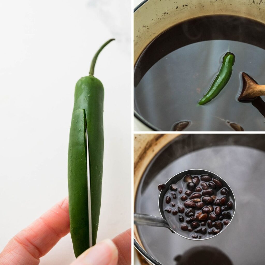 cutting a slit in the side of a serrano pepper to cook with the Mexican beans.